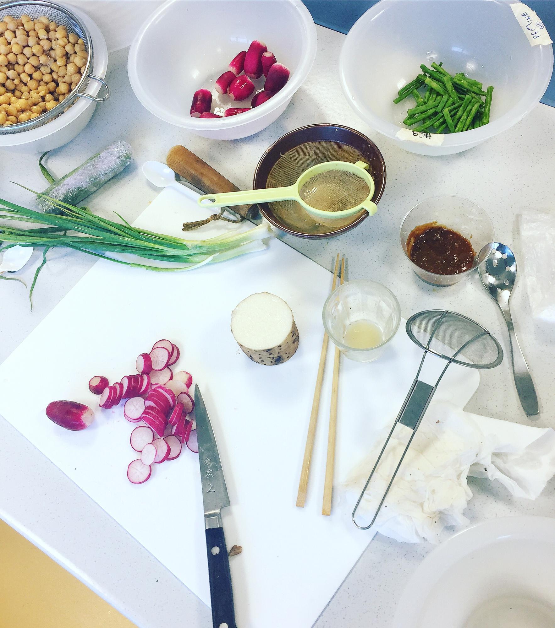 Workshop table with ingredients and tools